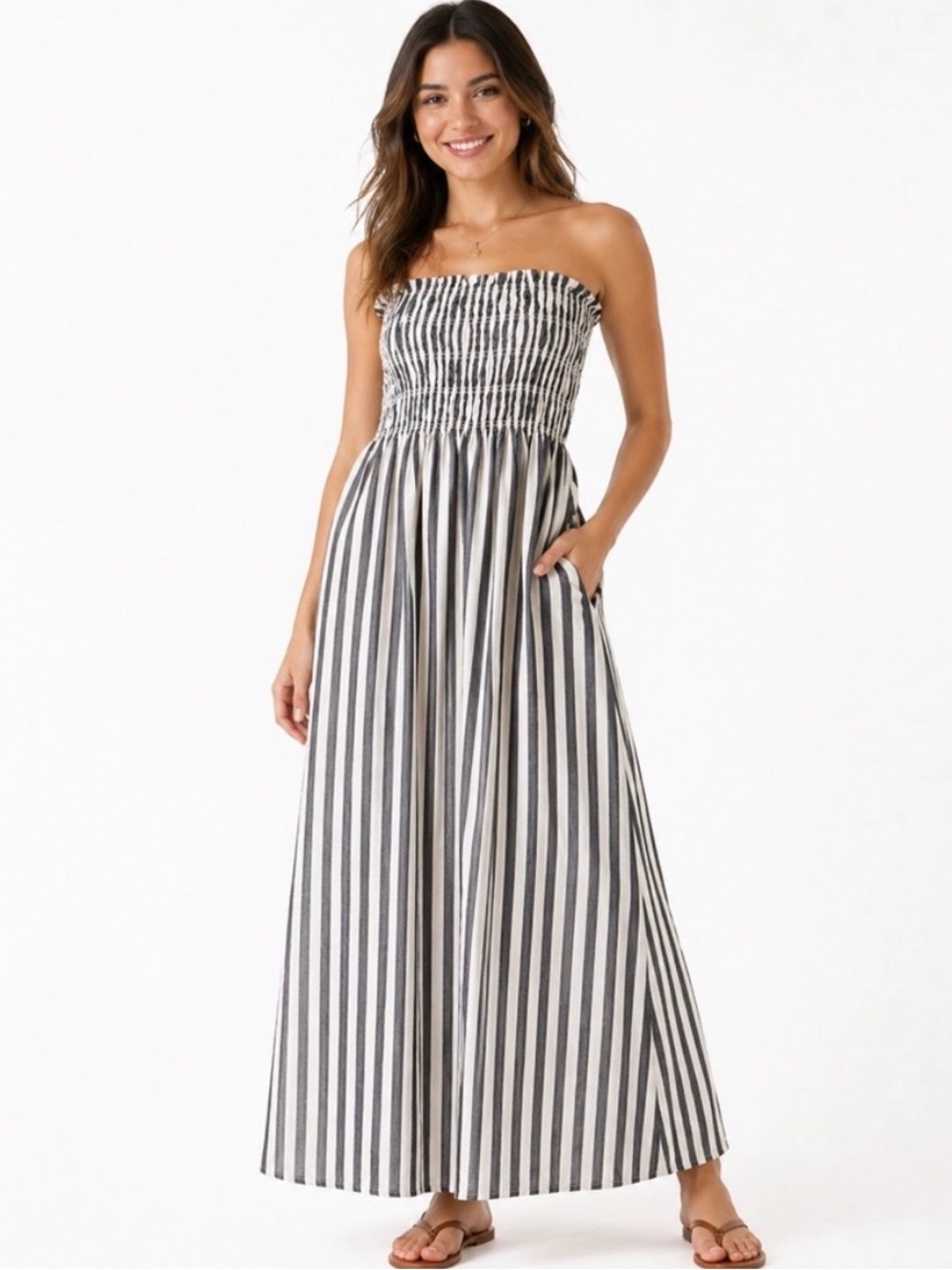 Universal Thread Striped Strapless Maxi Dress in Gray & White